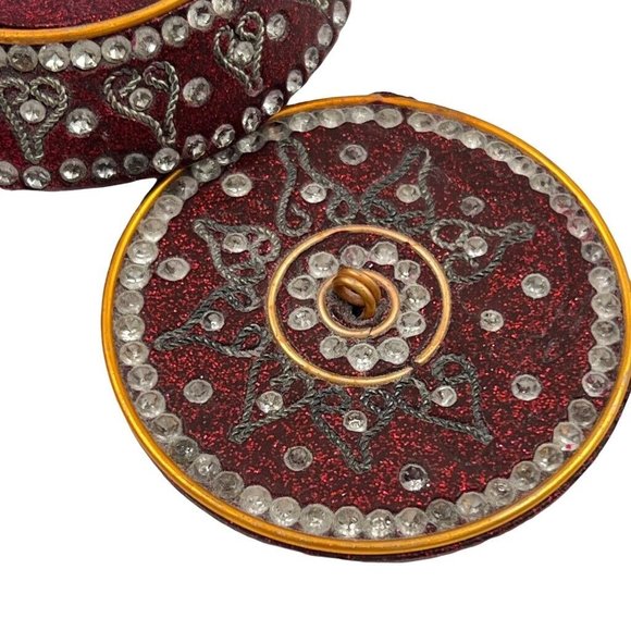 Trinket Round Jewelry Box Maroon Gold Tones Rhinestone Jeweled - Picture 5 of 9